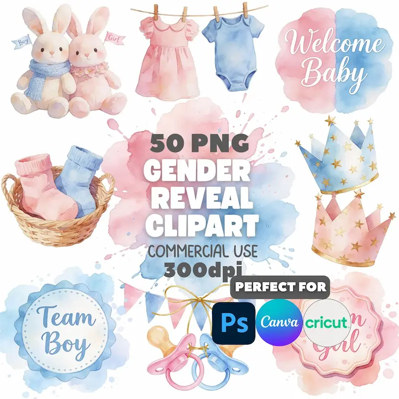 Набор акварельного клипарта для вечеринки Gender Reveal | Розово‑голубая графика для беби‑шауэра