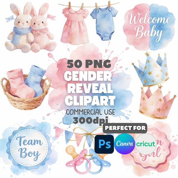 Watercolor Gender Reveal Clipart Bundle | Pink Blue Baby Shower Graphics
