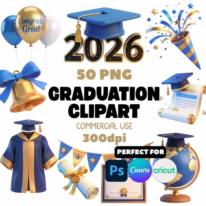 Набор клипарта к выпускному, Class of 2026 PNG графика, декор для праздника Congrats Grad