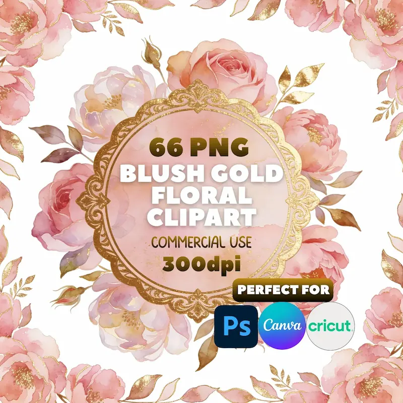 Набор клипарта Blush Gold с цветами, акварельные пионы, розы и рамки