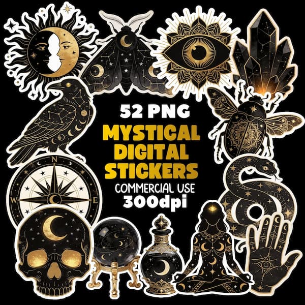 Mystical Celestial Clipart Bundle, Black Gold Witchy PNG Stickersr