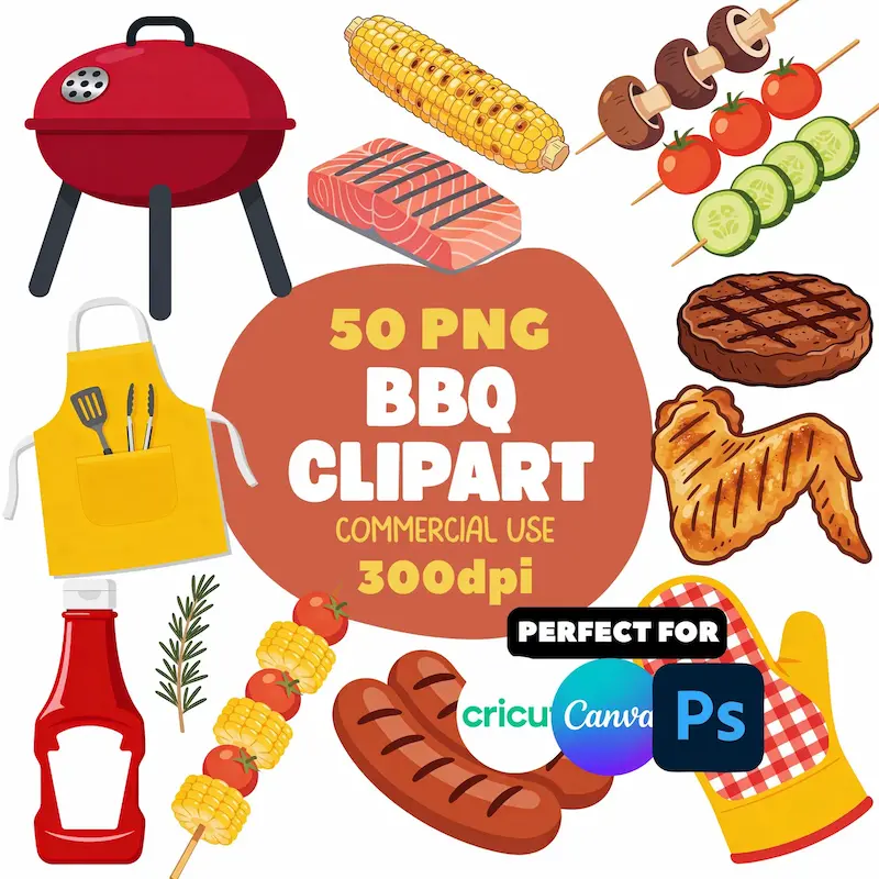 Paquete Clipart BBQ | Parrilla, Hamburguesas, Maíz, Alitas de Pollo