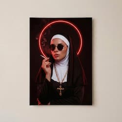Dark Nun Poster, Neon Halo Art, Gothic Fashion Wall Art
